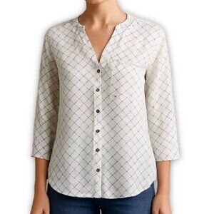CAbi Checkered Blouse Crepe Button Front 3/4 Sleeve Black White S